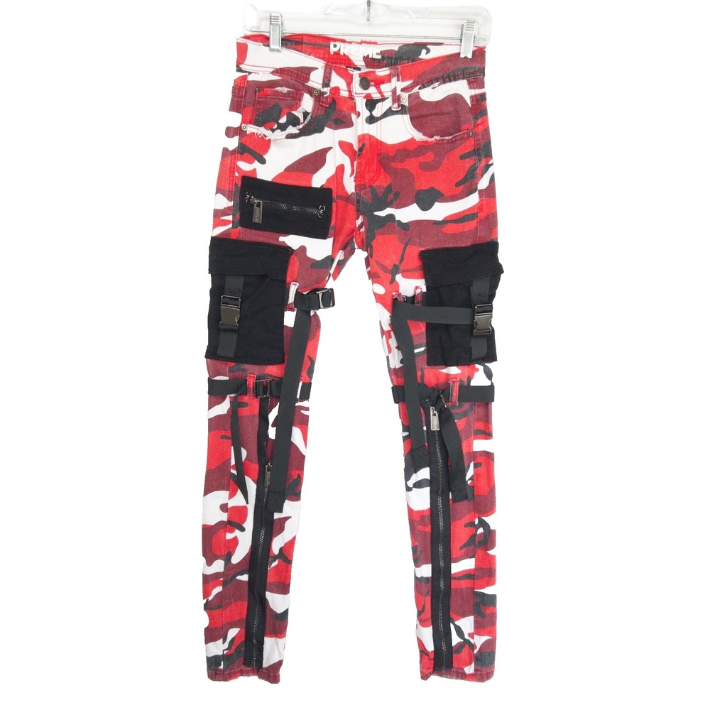 Preme Buckle Red Camo Cargo Mens 28 Straps Nu Metal Cyberpunk Punk Pants 28x31